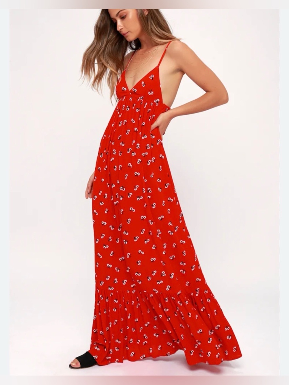 Billabong Red Floral Spaghetti-Strap Maxi Dress size XS